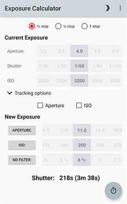 Captura de pantalla de la interface de Exposure Calculator