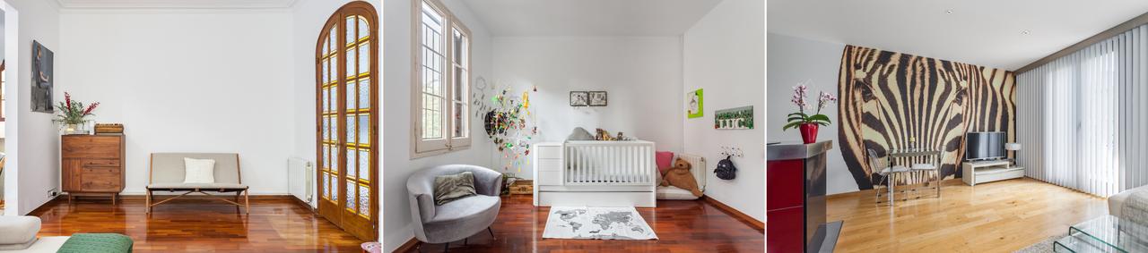 Tira de 3 imágenes que muestran fotografías de calidad de dos salones y una habitación de bebé