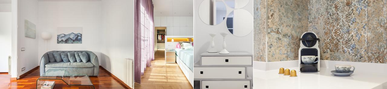 Tira de 4 imágenes que muestran diferentes formas de captar detalles en un salón, un dormitorio y una cocina
